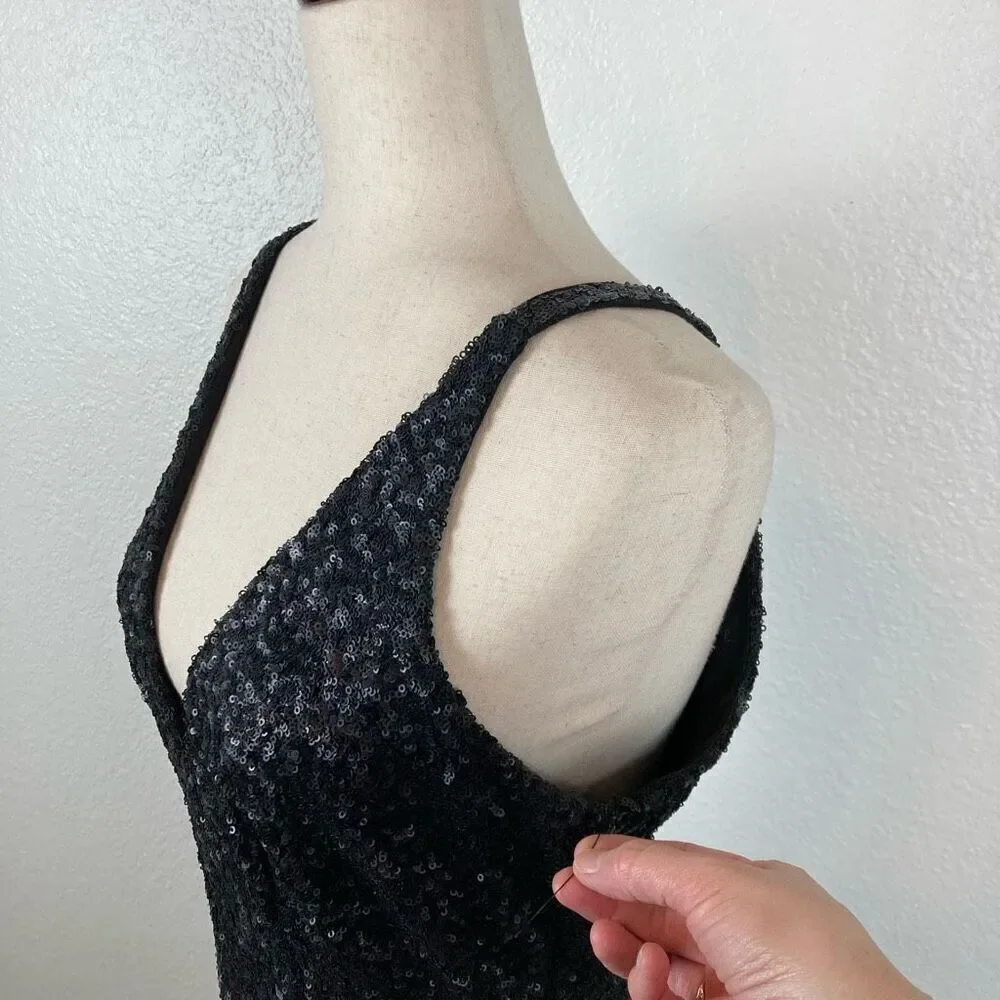 Dress The Population black sequin sheath maxi  long dress womens size L Mob Wife